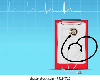 Medical background with heart graph, stethoscope and diagnostic letter on blue. Vector illustration.