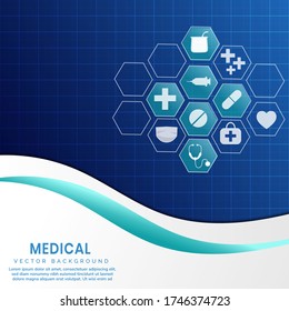Fondo médico del patrón del icono del hexágono en el fondo azul oscuro de la cuadrícula. Puede usar para publicidad, afiche, plantilla, presentación comercial. Ilustración del vector   
