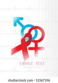medical background with hiv ribbon, male female symbol
