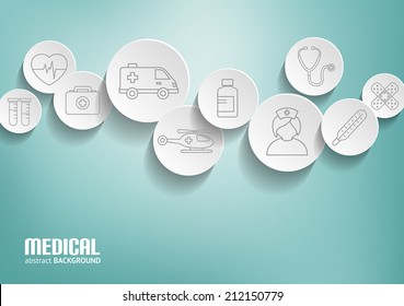 Medical background with icons representing medical and healthcare  topics in 3D bubbles.