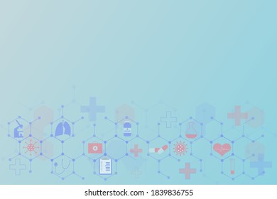 Medical background with icons and symbols. The concept of healthcare, science and research, medical technology, innovative medicine,. Vector illustration, flat style