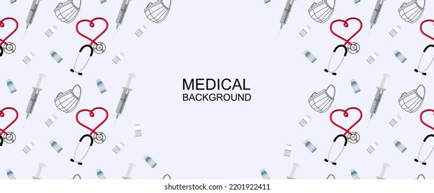 Medizinischer Hintergrund. Medizin im flachen Stil. Medizinischer Banner mit Maske, Spritze, Diagnostik, Stethoskop, Medizinische Flasche. Vektorgrafik eps10