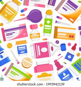 Medical background modern flat style with medicine pills, capsules, bottles vitamins, tablets, drug, antibiotic healthcare. Pharmacy illustration. Vector 10 eps.