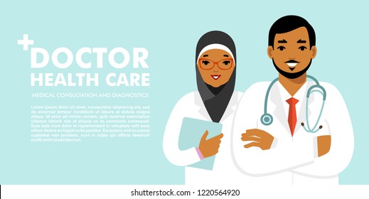 Medical background with muslim doctors characters. Web banner with team of islamic medicals staff. Health care and medicine concept.