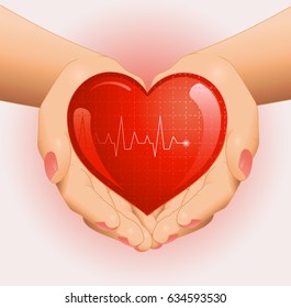 Medical background with open hands holding red heart. Vector illustration.