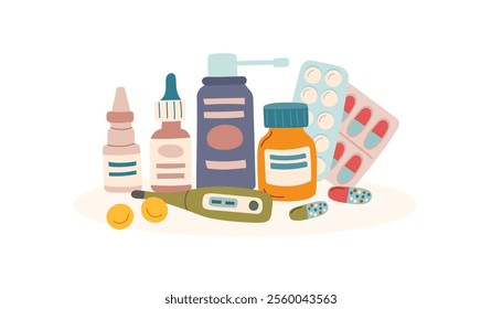 Medical background. Pill bottle, pills, nasal spray, thermometer, throat spray isolated on white background. Concept of medicine, healthcare and cure. 