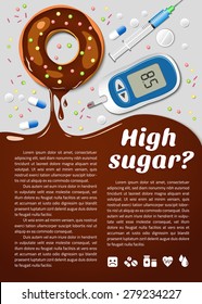 Medical background. Poster. Diet. Diabetic. High sugar. Vector food backdrop. Donut.