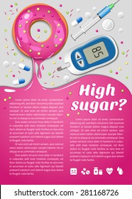 Medical background. Poster. Diet. Diabetic. High sugar. Vector food backdrop. Donut.