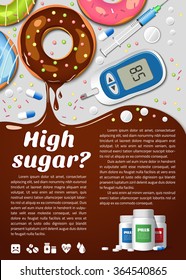 Medical background. Poster. Diet. Diabetic. High sugar. Vector food backdrop. Donuts. Layout.