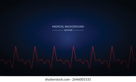 Medical background with a red heartbeat pulse trace on a dark blue grid. Represents health, medicine, and technology in a modern illustration.