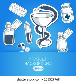 Medical background. Sketch sticker vector elements for medical or health care design