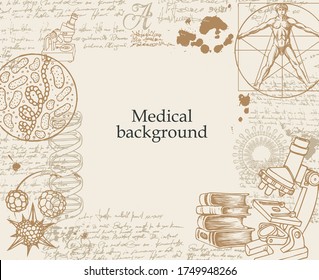 Medical background with sketches, doodles, illegible entries, notes and place for text. Hand-drawn vector illustration in retro style on the theme of medicine, chemistry, biology, genetics.