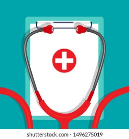 Medical background with stethoscope and medical clipboard. Vector illustration.