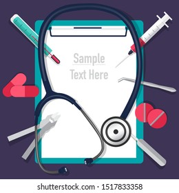 Medical background with stethoscope and medical clipboard. Vector illustration.