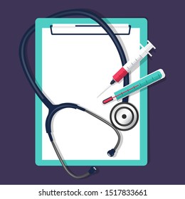 Medical background with stethoscope and medical clipboard. Vector illustration.