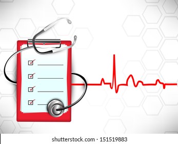 Medical Background With Stethoscope And Doctors Prescription Pad On Heartbeat Symbol Background.