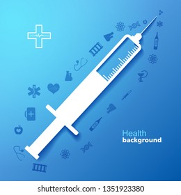 Medical background with syringe aid and health symbols flat vector illustration