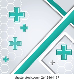 medical background with teal plus signs and hexagonal pattern on white