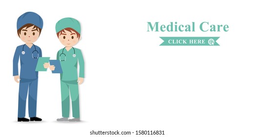 Medical background. Team of doctors and other hospital workers stand together. Vector people illustration isolated with copy space. Medical laboratory.