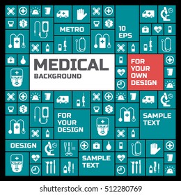 Medical background with text and square medicine symbols flat vector illustration