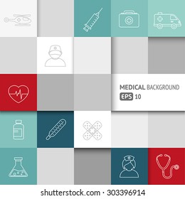Fondo médico con iconos de líneas finas - plantilla para web o impresión. Puede ilustrar cualquier tema médico o sanitario.