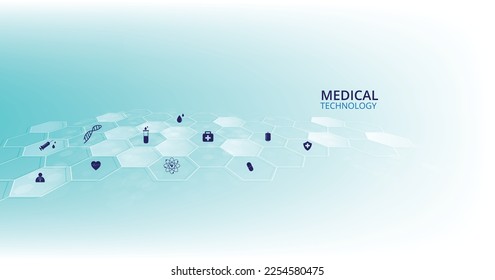 Medical background vector design. Healthcare and science icon on blue hexagon pattern background.Vector illustration.