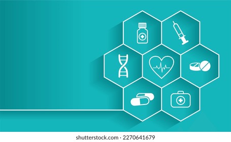 Medizinischer Hintergrund in Vektorgrafik. Pillen, Stethoskop, Spritze, Herzschlag einzeln auf blauem Hintergrund. Medizinische Symbole in Vektorgrafik. Hintergrund Gesundheitswesen. Innovative Medizin