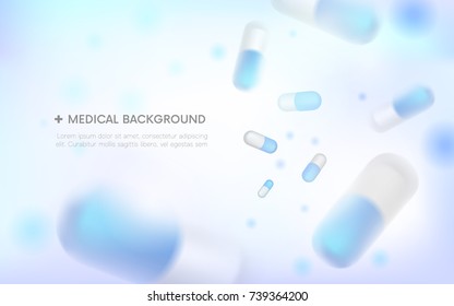 Medical background.blurred capsules. Painkillers, antibiotics, vitamins, amino acids, minerals, bio active additive, sports nutrition. Icons of medicament. 