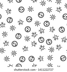 Medical Bacteria And Virus Seamless Pattern Vector. Bug, Bacteria And Microbe Laboratory Infection Micro Elements Monochrome Texture Icons. Biological Microorganism Template Flat Illustration