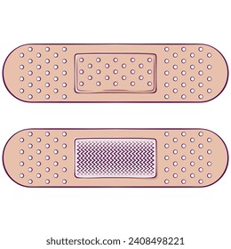 Medical bactericidal plaster. Adhesive bandage medical elastic patch. Front and back side. Vector illustration in hand drawn cartoon style. Simple color graphic isolated on white