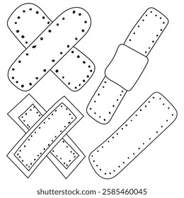 Medical bactericidal plaster. Adhesive bandage medical elastic patch. Vector illustration in hand drawn sketch doodle style. Black graphic isolated on white. Front and back side