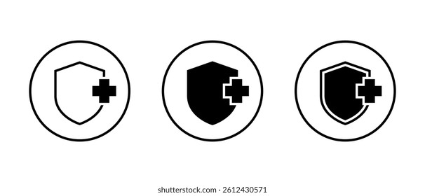 Medical badge, health shield icon set on circle line. Protect, healthy protection sign symbol