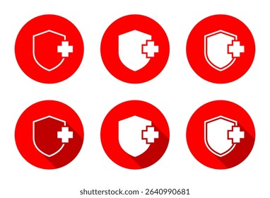 Medical badge, healthy shield icon set with long shadow. Health protection sign symbol