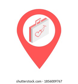 Medical bag location map pin pointer icon. Element of map point for mobile concept and web apps. Icon for website design and app development. Premium first aid kit, pharmacy, drugstore location.