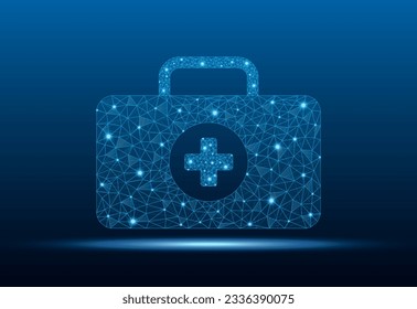 Medical bag low poly wireframe with abstract mesh line and point. Emergency Medical Box, first aid kit, healthcare bag medicine concept. Polygonal wireframe and low poly vector illustration.