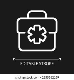 Medical bag pixel perfect white linear ui icon for dark theme. Doctor suitcase. First aid kit. Vector line pictogram. Isolated user interface symbol for night mode. Editable stroke. Arial font used