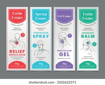 Medizinischer Balsam und Spray-Hilfe Behandlung Label Design-Vorlage mit Linienelementen gesetzt Vektor flache Illustration. Medikation Heilmittel Marke für Muskelkehle erleichtern Zahngesundheit Kopfschmerzen Apotheke Paket