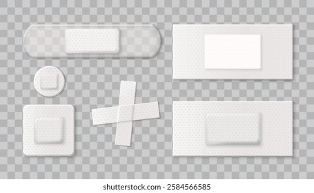 Medical band aid plaster collection - white and transparent adhesive patches in various shapes with dotted surface texture and absorbent pads. Emergency items for cuts, bruises and wound treatment.