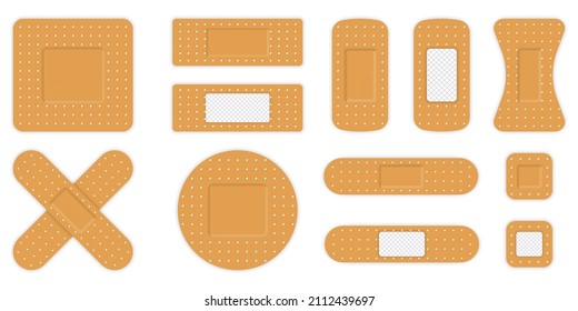 Medical Band Plaster First Aid. Adhesive Elastic Bandage Health Treatment. Sticker Patch for Protection Wound, Injury Set. Bandage Strip, Cross, Square Plasters. Isolated Vector Illustration.