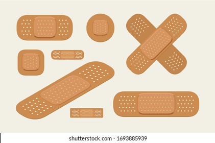 Medical Bandage Band Aid Plaster Patch Sticker Protection. Different Shapes Circle Cross Isometric. Flat Vector Line Icon Set.