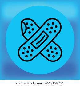 Ícone de bandagem médica com dois adesivos cruzados em um fundo circular azul, representando cuidados de saúde, tratamento de lesões e proteção contra feridas.