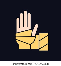 Medical bandage RGB color icon for dark theme. Bandaged hand. Sterile wound dressing. Medical gauze. Isolated vector illustration on night mode background. Simple filled line drawing on black