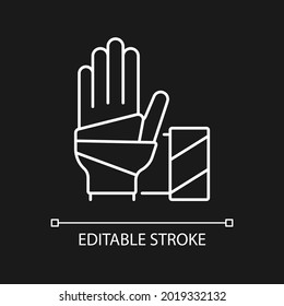 Medical bandage white linear icon for dark theme. Bandaged hand. Sterile wound dressing. Thin line customizable illustration. Isolated vector contour symbol for night mode. Editable stroke