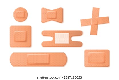 Medical bands set isolated on white background. Vector realistic illustration of first aid plaster, sticky bandage, adhesive strip for skin wound treatment, emergency care patches of different shape