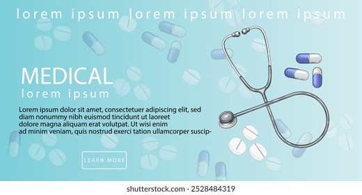 Medical Banner. Medical Backgorund with stethoscope and Pills.  Medicine concept. Medicine background. Medical and pharmacy elements. Medical Education Illustration