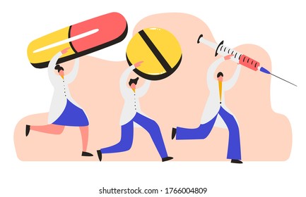 Medical banner, doctor holding pill, syringe with vaccine. Vaccination. 
Running people carry a variety of medications