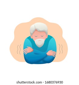 Medical Banner Flat Design Isolated. Signs Of A Virus Infection Are Fever And Chills. Old Man With Beard Is Sick. Vector Illustration.