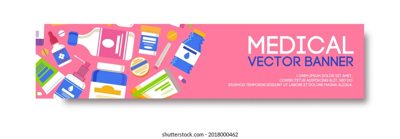 Medical banner flat style for healthcare, insurange. Background with medicine pills, capsules, bottles vitamins, tablets, drug, antibiotic healthcare. Pharmacy illustration. Vector 10 eps.