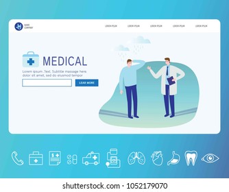 Medical Banner. Healthcare Infographic. Landing Page Concept. Web Page 3d Isometric. Business Vector Illustration Concept.
Flat Line Icon And Doctor Patient Cartoon Character,