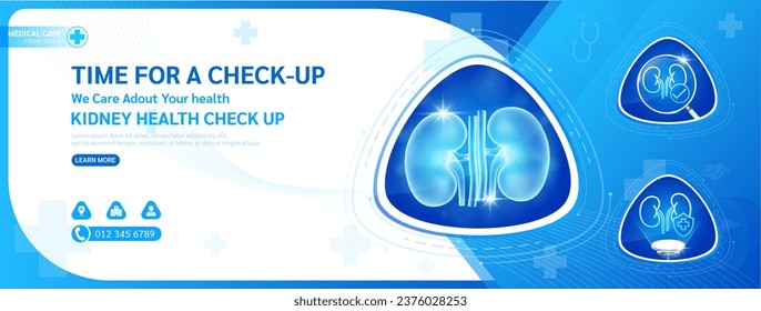Medical banner healthcare template design for check up. Kidney in triangle frame stethoscope and magnifying glass examining organ. Background or poster for medical ads website social media. Vector.